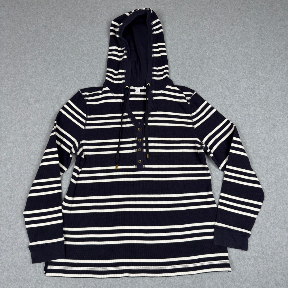 Charter Club Womens Striped Waffle Knit Henley Hooded Top L Cotton Nautical